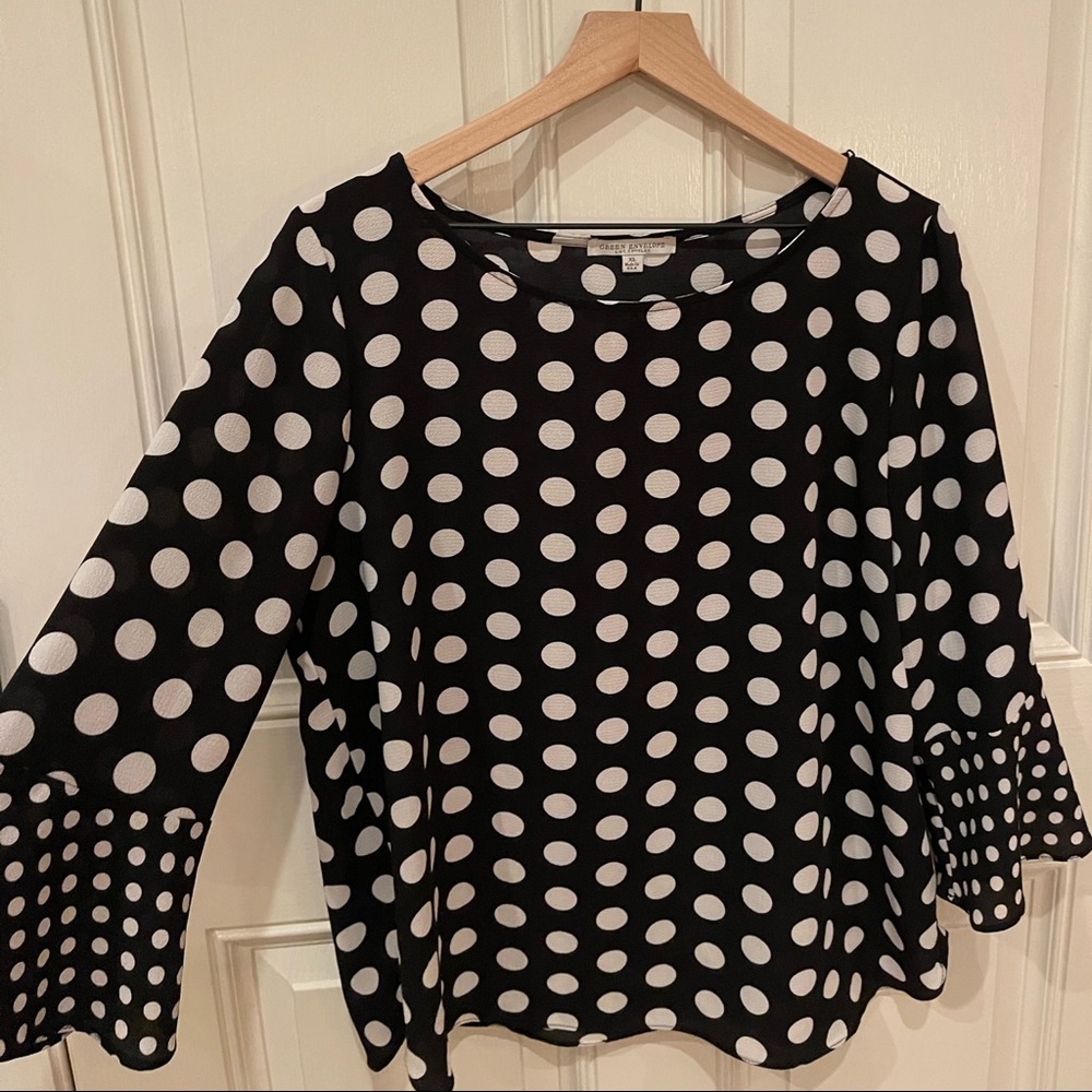 EUC Green Envelope Black and White Polka Dot Blouse